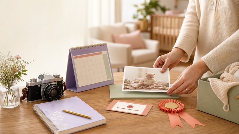 Parent arranging a camera, baby photo, calendar, voting card, and celebration ribbon