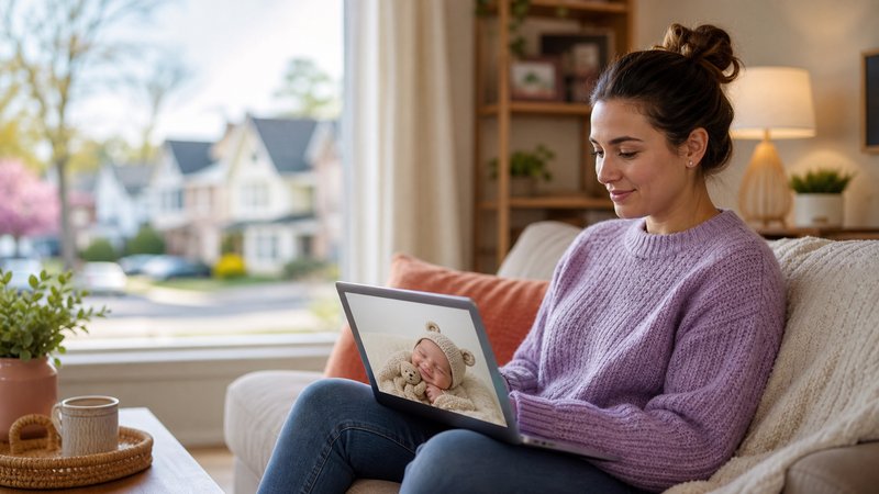 Parent browsing a baby photo contest from home with a neighborhood visible outside