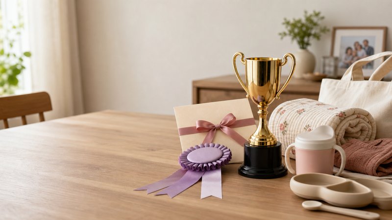 Baby contest trophy, ribbon, gift envelope, and practical family prizes on a table