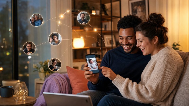 Family sharing a baby photo online while relatives connect from different places