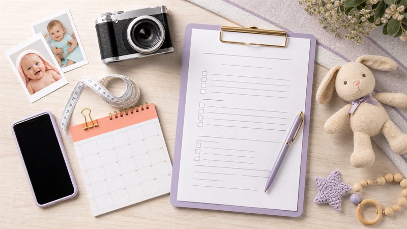 Camera, phone, calendar, measuring tape, and blank checklist prepared for a baby contest entry