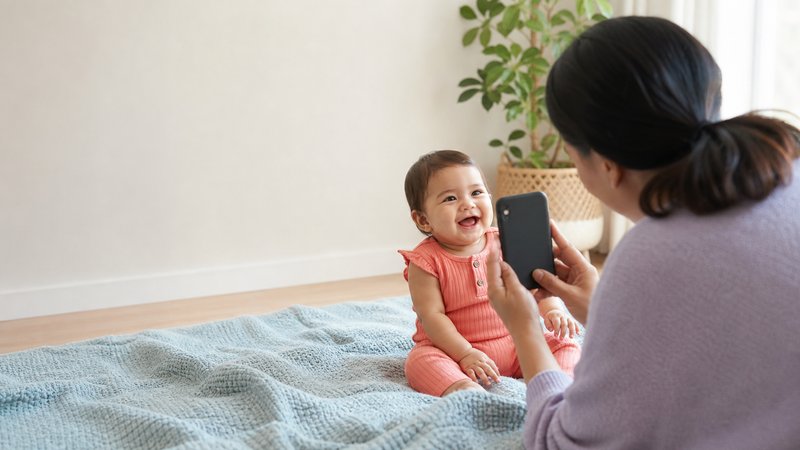 Parent photographing a smiling baby at eye level in soft window light