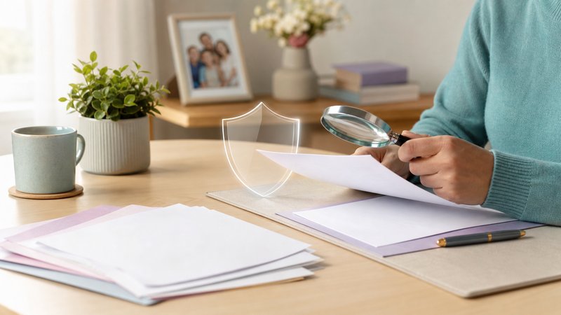 Parent reviewing a baby contest invitation with a magnifying lens and protective shield motif