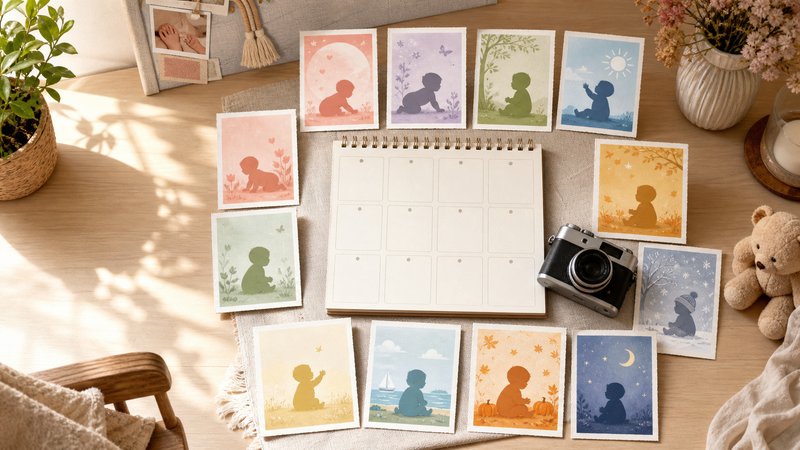 Twelve seasonal baby photo cards arranged around a yearly calendar and camera