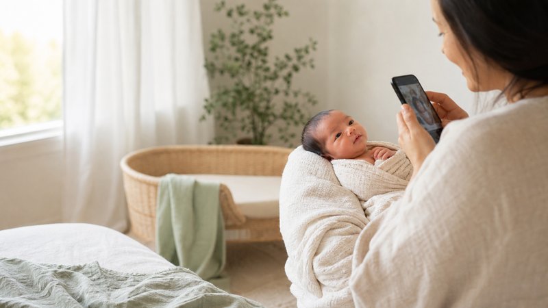 Parent gently photographing a peacefully awake newborn in soft natural light