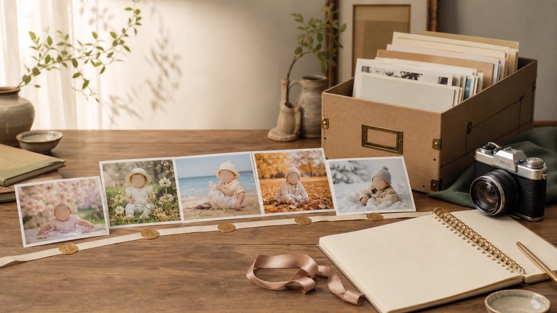 Seasonal baby contest photo prints arranged beside an archive box, camera, and blank notebook