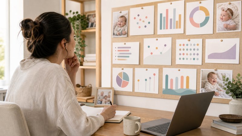 Parent reviewing abstract baby contest data cards and unlabeled charts beside a laptop