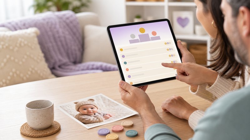 Parents viewing an abstract baby contest leaderboard on a tablet with neutral voting tokens
