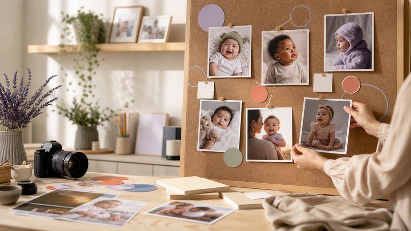 Curator arranging diverse baby contest photo prints on a review board with abstract visual markers