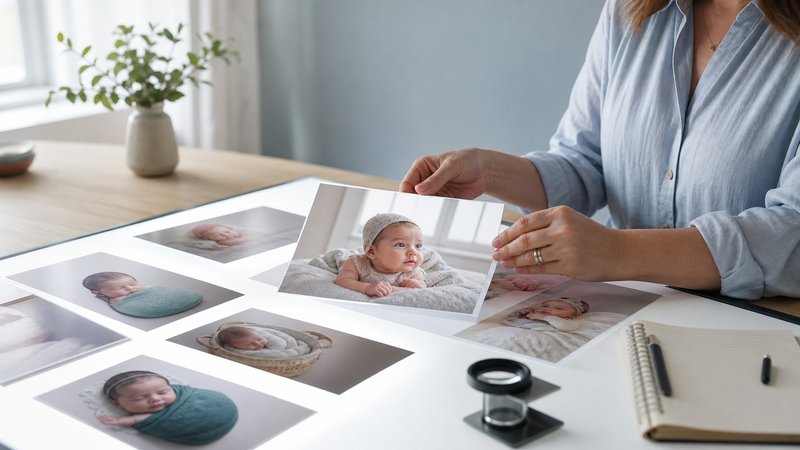 Reviewer examining baby photo prints on a bright table with a small loupe and blank notebook