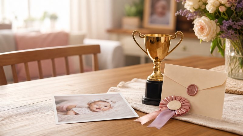 Baby contest trophy, sealed prize envelope, ribbon, and baby photo print on a family table