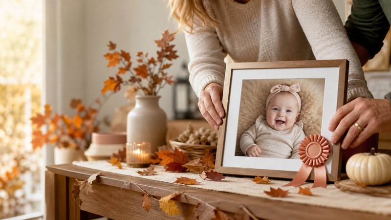 Framed baby contest winner photo and autumn ribbon arranged on a cozy celebration table