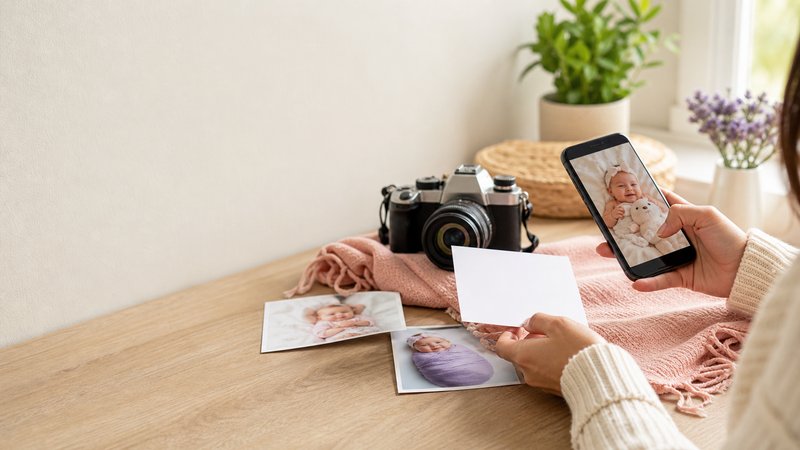 Parent preparing a baby photo contest entry at home with a smartphone, camera, and blank entry card