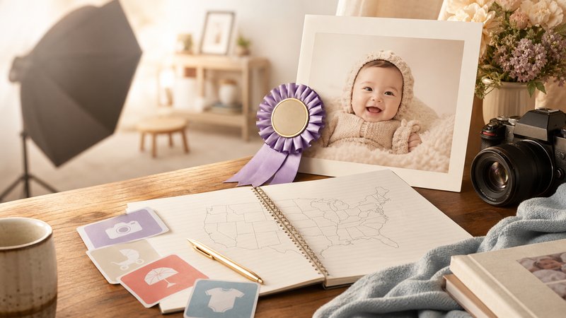 Baby contest winner photo, ribbon, blank United States map, and opportunity cards on a desk