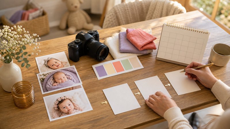 Parent building a baby photo contest plan with camera, prints, calendar, and blank planning cards