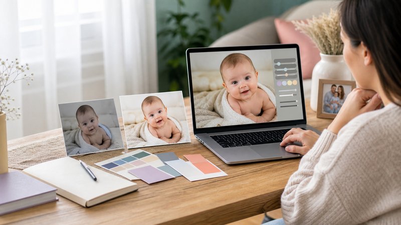 Parent editing a baby photo on a laptop with before-and-after prints, abstract sliders, and color swatches