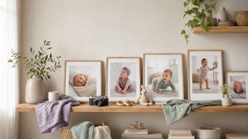 Framed progression of a baby from newborn to sitting, crawling, and first steps arranged on a shelf