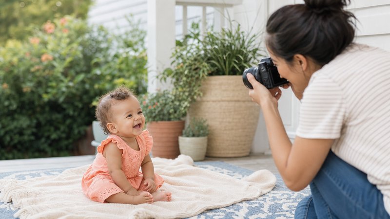 Parent photographing a smiling baby outdoors on a porch with natural light and a calm garden background