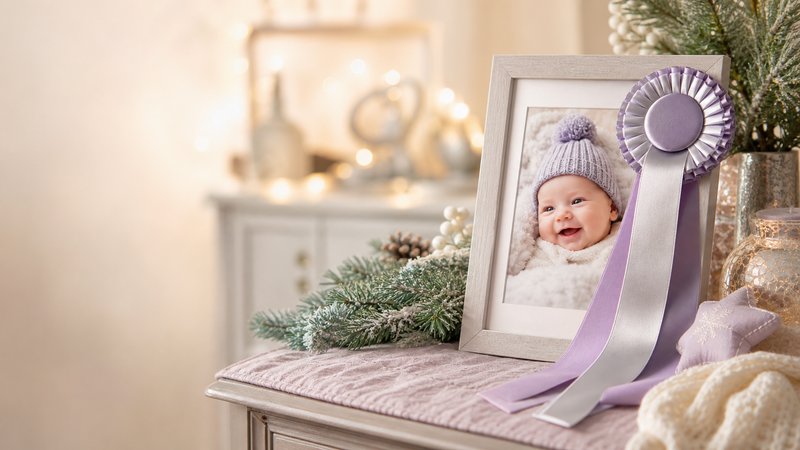 Framed December baby contest winner photo with a silver-lavender ribbon, evergreen branches, and winter decor