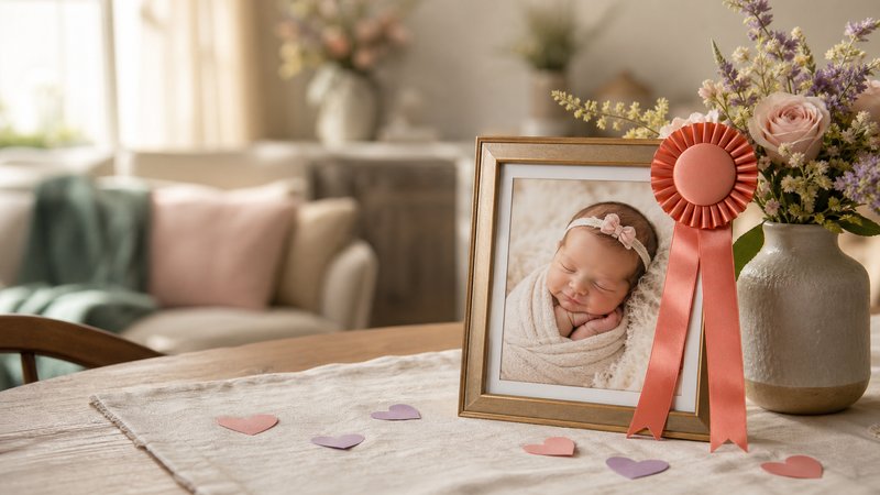 Framed February baby contest winner photo with a coral ribbon, paper hearts, and soft flowers