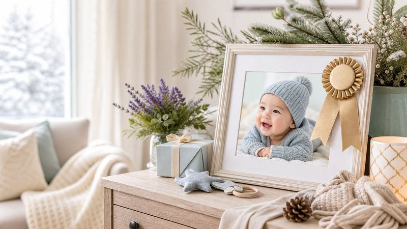 Framed January baby contest winner photo with a champagne-gold ribbon, winter greenery, and a cozy celebration table