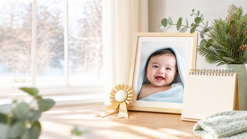 Framed January 2026 baby contest winner photo with a gold ribbon, blank calendar, and fresh winter greenery