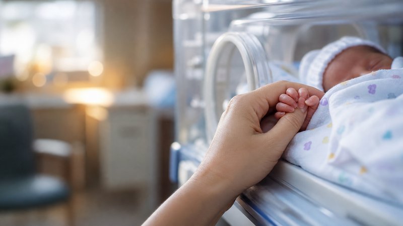 Parent gently holding a newborn hand beside a NICU incubator in a respectful, privacy-protected scene