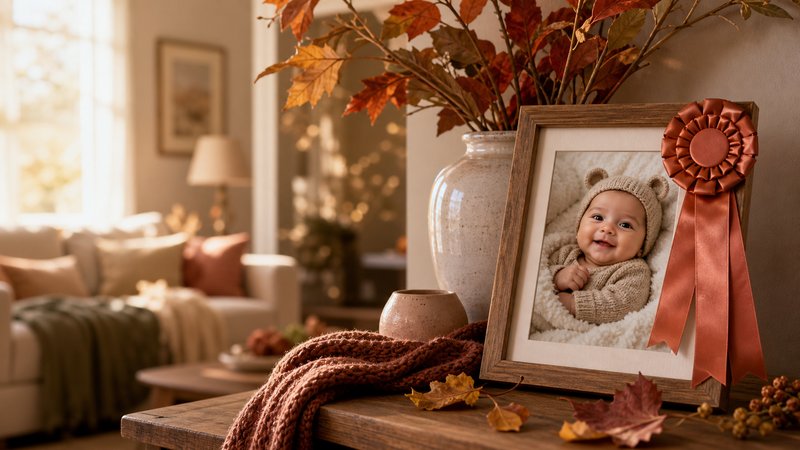Framed November baby contest winner photo with a warm rust ribbon, autumn leaves, and cozy knit textures