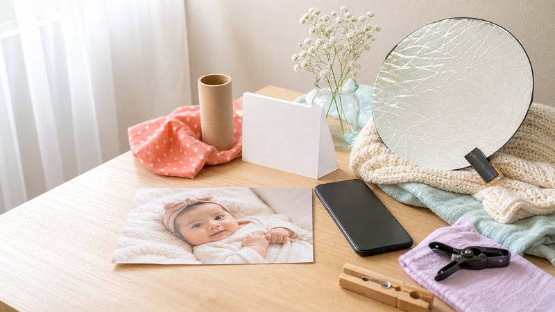 Flat lay of a smartphone, small reflector, clip, blanket, and household photography aids beside a baby photo