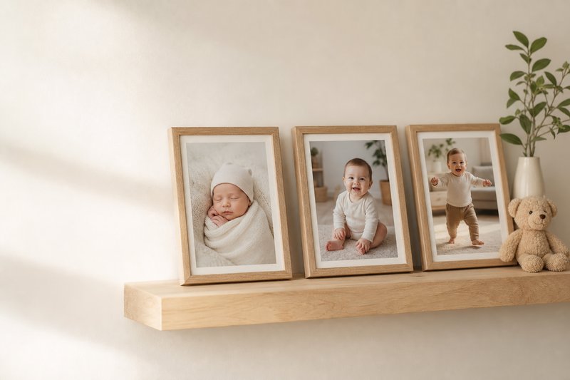 Three framed baby milestone photos showing newborn, sitting, and first steps arranged on a shelf