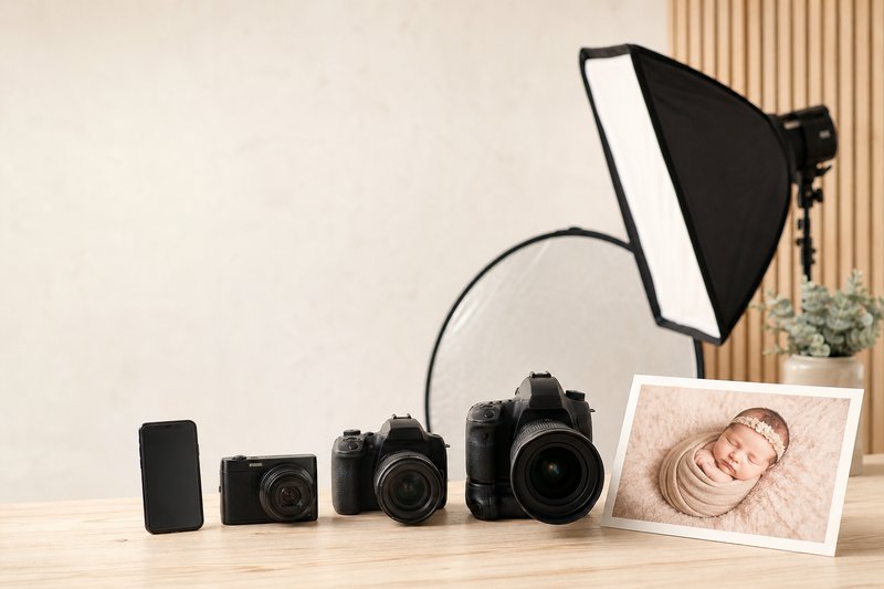 Smartphone, compact camera, studio camera, reflector, softbox, and baby photo print in a clean workspace