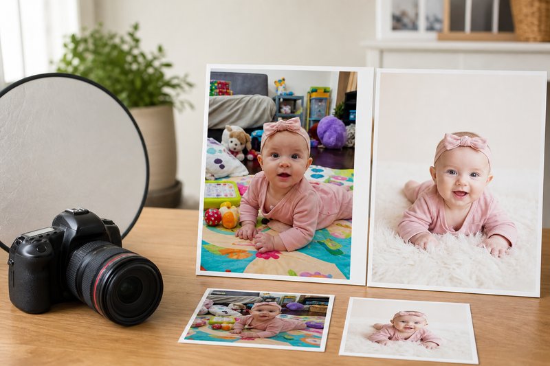 Tabletop comparison of cluttered and improved baby photo setups with camera, reflector, and blank prints