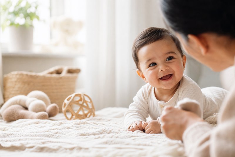 Parent gently encouraging a naturally smiling baby during a safe, cozy home photo session