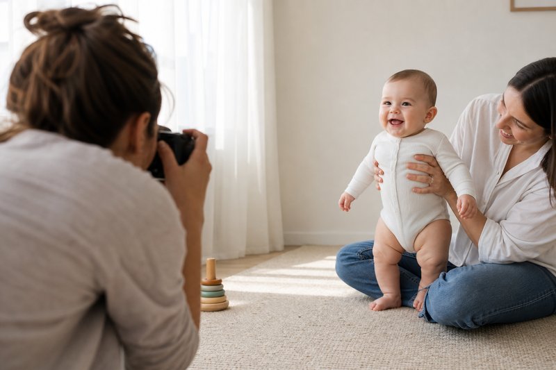 Parent photographing a smiling baby at eye level while another adult provides safe support