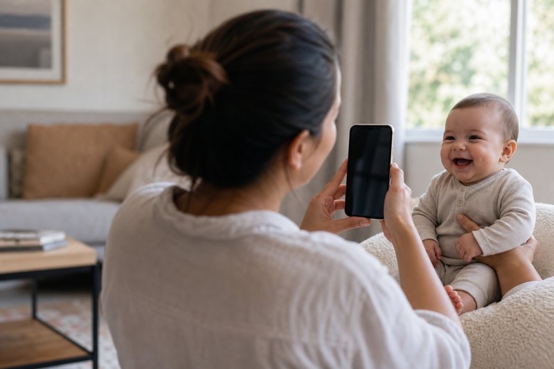 Parent photographing a smiling baby with a modern smartphone in soft natural window light