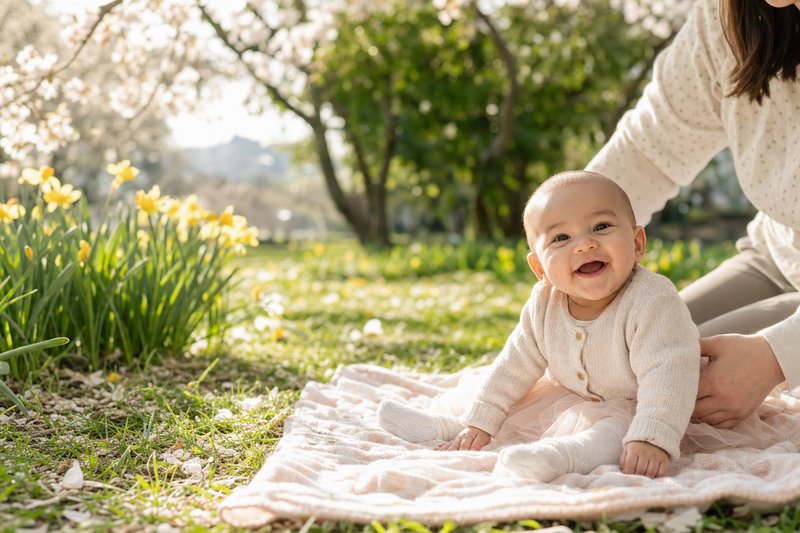 Smiling baby safely supported on a picnic blanket in a spring garden with blossoms and soft green leaves