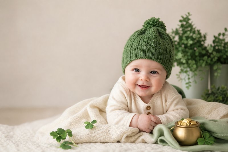 Smiling baby in a tasteful green knit hat with subtle shamrocks, sage fabric, and a small gold accent