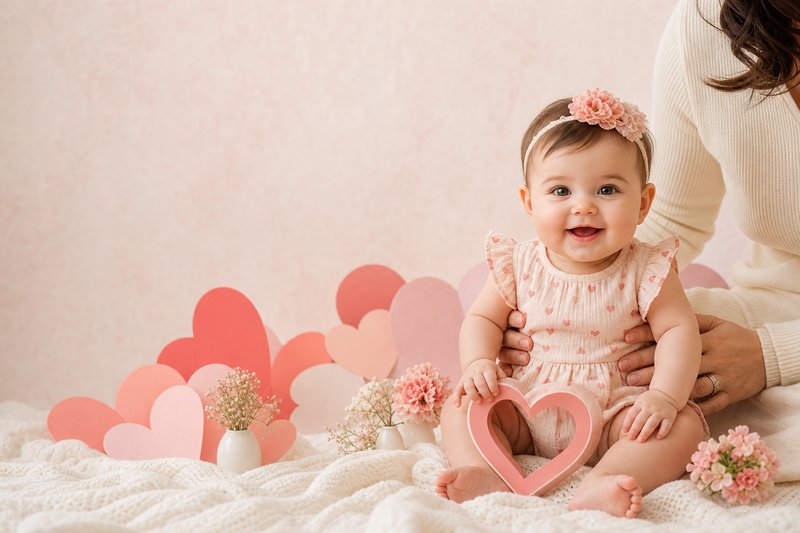 Smiling baby safely supported on a cream blanket with blush paper hearts, flowers, and a heart-shaped prop