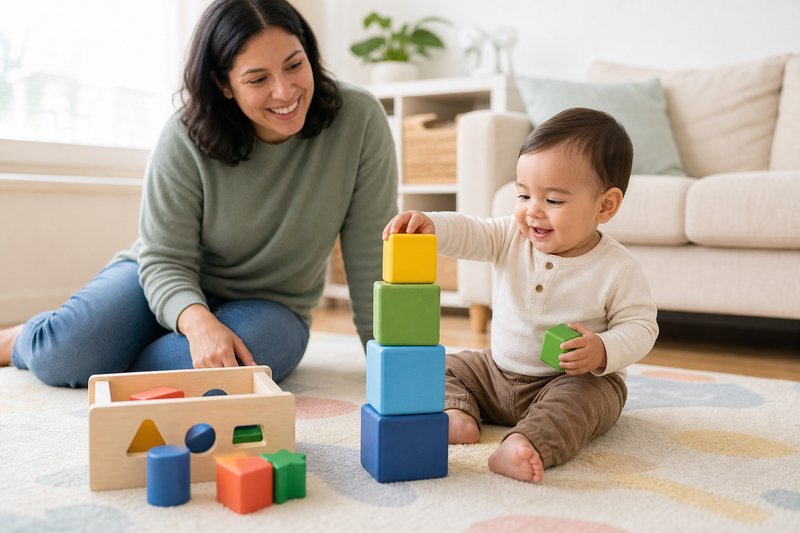 Happy one-year-old stacking large safe blocks on a soft play mat with a caregiver nearby