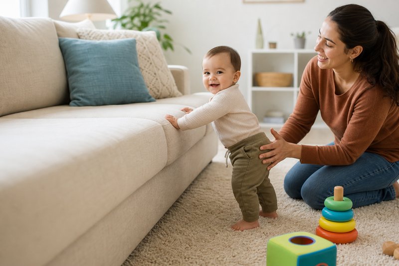 Ten-to-twelve-month-old baby pulling up and cruising beside sturdy furniture with a caregiver nearby