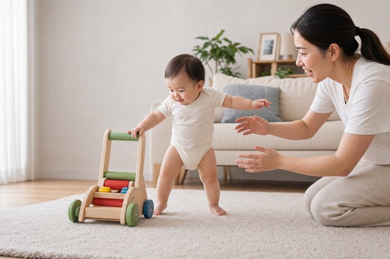 Supported baby taking a careful step beside a stable low push toy while a caregiver stays close