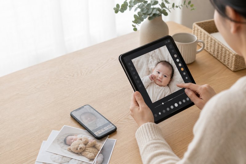 Parent editing a baby photo on a tablet beside a smartphone and printed photos in a bright workspace