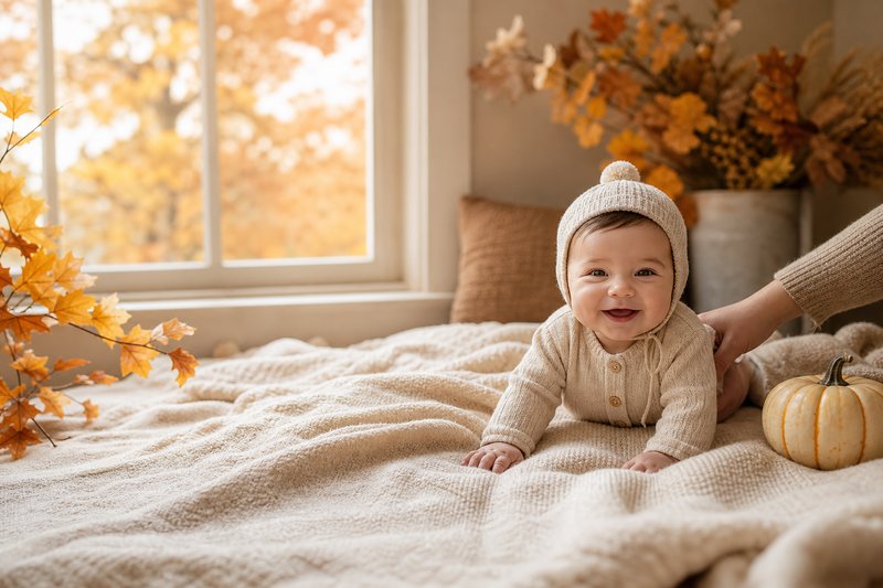 Smiling baby safely supported on a cream blanket with autumn leaves, knit textures, and a small pumpkin