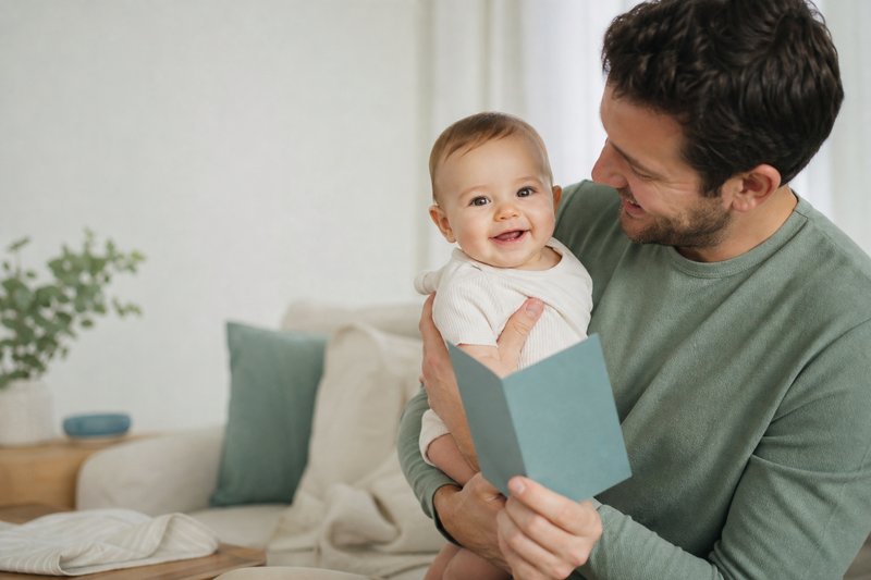 Father warmly holding a smiling baby in a bright neutral home with a blank handmade card shape