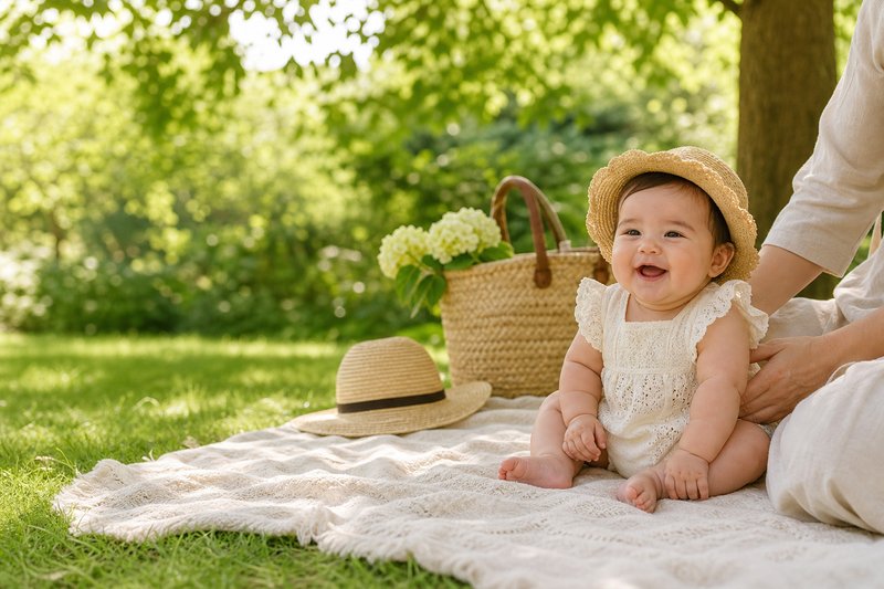 Smiling baby safely supported on a shaded summer picnic blanket with a sun hat and garden greenery