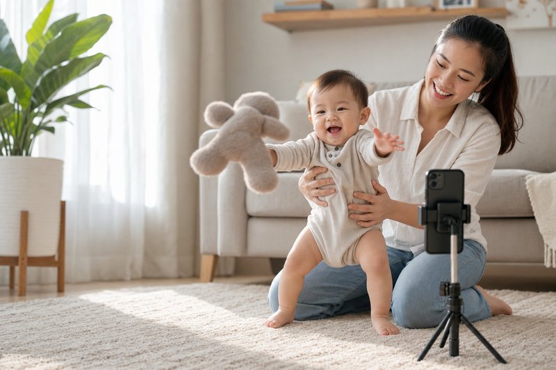 Parent capturing a joyful baby with a smartphone on a small tripod in a bright living room