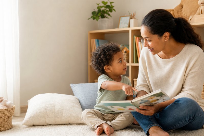Caregiver sharing a sturdy picture book face-to-face with an attentive toddler in a bright reading corner