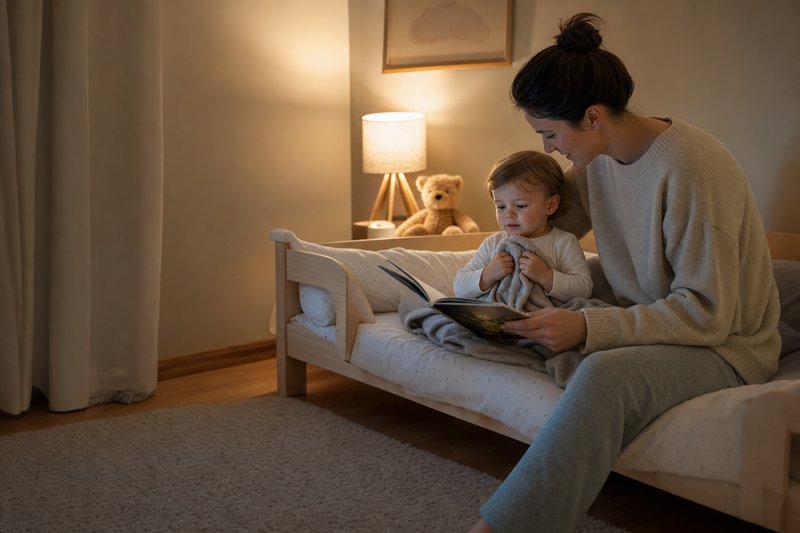 Caregiver reading a picture book beside a low toddler bed during a calm bedtime routine