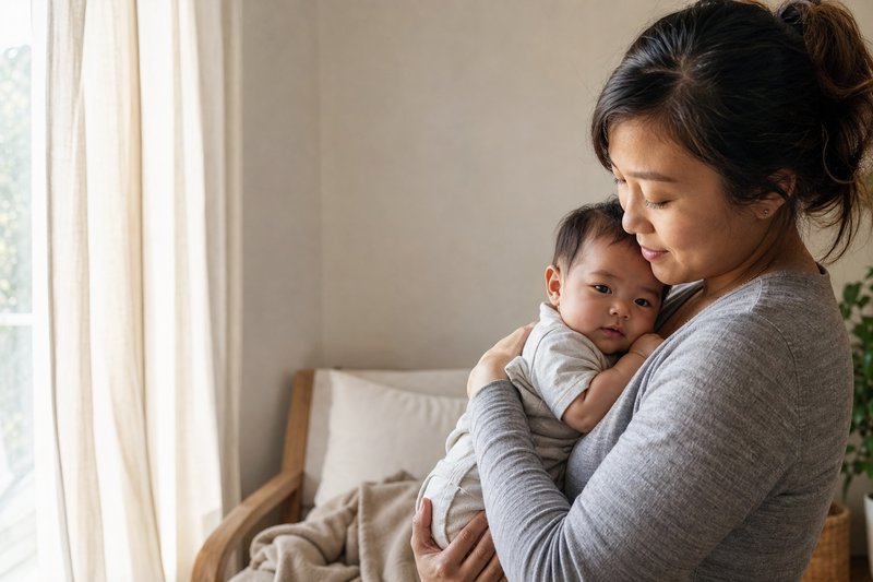 Caregiver holding a calm baby close against their chest during a quiet sunlit everyday moment