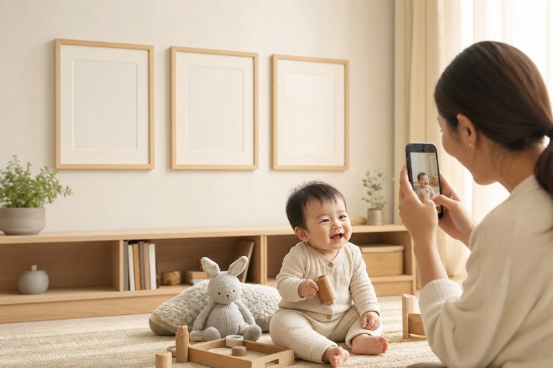 Caregiver photographing a happy baby during everyday play with blank framed photo prints in the background